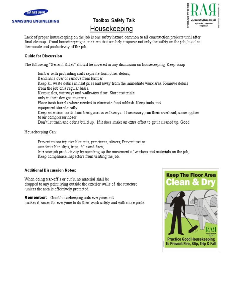 Housekeeping Toolbox Safety Talk PDF