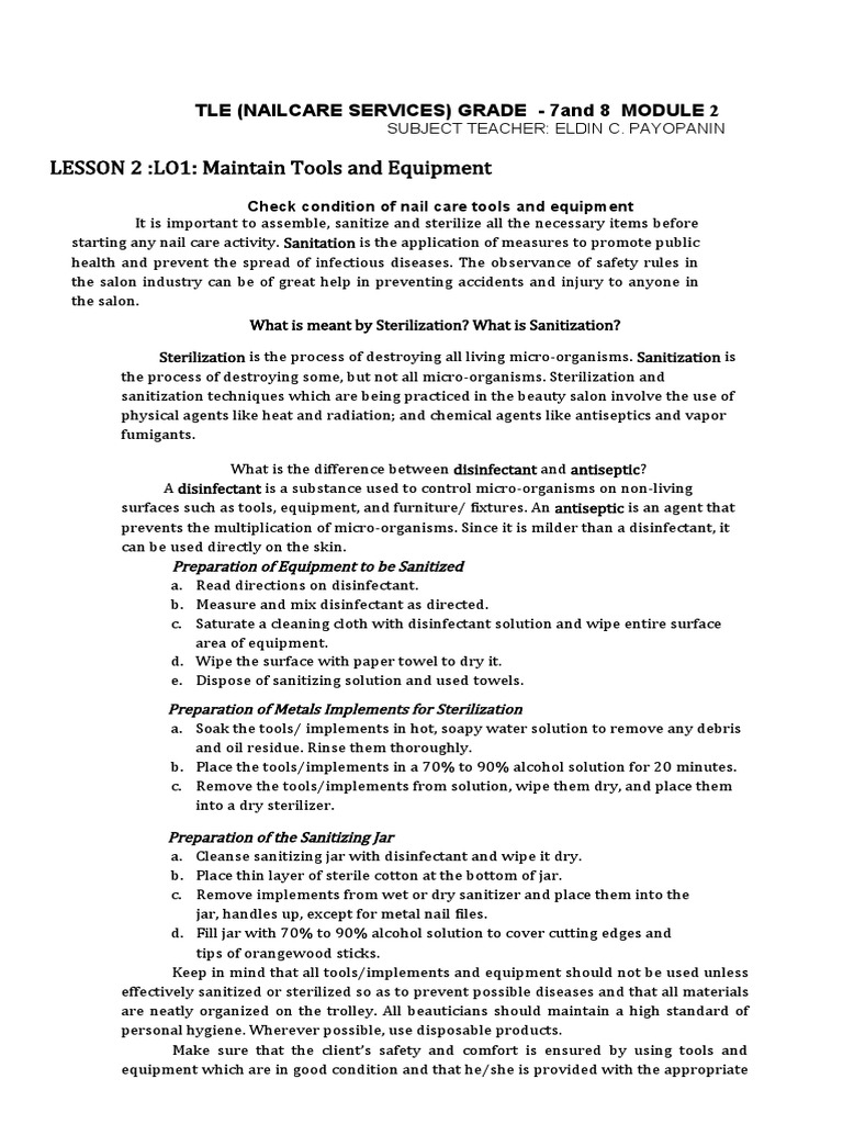 Nail Care Grade 8 Module 2 PDF Disinfectant Sterilization
