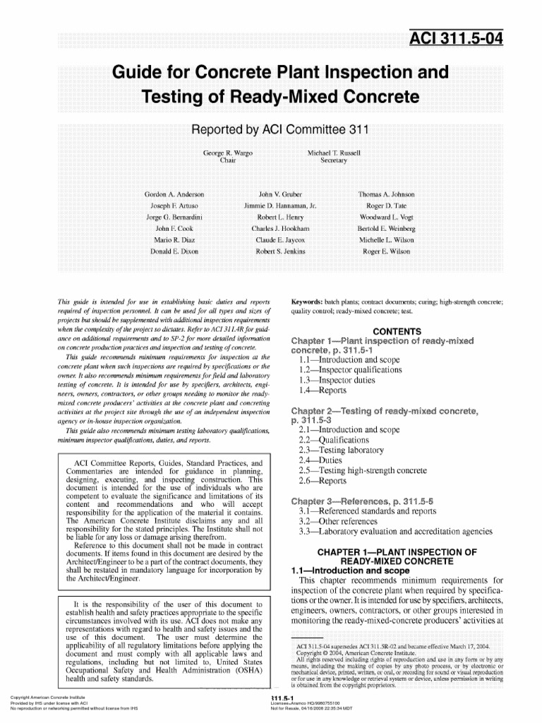 ACI 311.5 - Guide For Plant Inspection & Testing of Ready Mix Concrete ...
