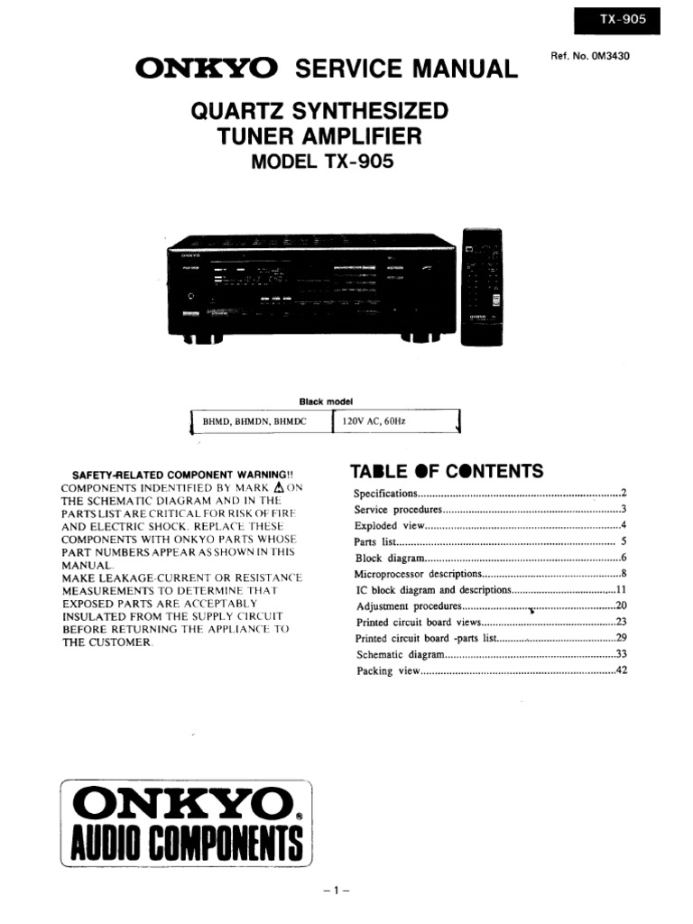 【j】ONKYO 【取説有り】 Onkyo TX 905 Service Manual | PDF