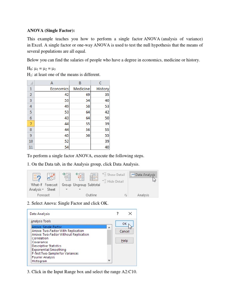 ANOVA Single Factor in Excel Guide | PDF