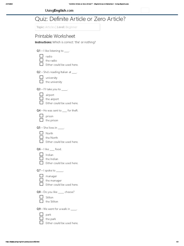 'Definite Article or Zero Article - ' - English Quiz | PDF | Business
