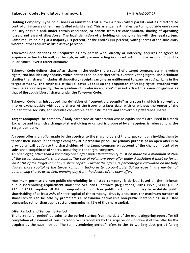 SM II-HANDOUT 07-Takeover Code-Regulatory Framework | PDF | Takeover ...