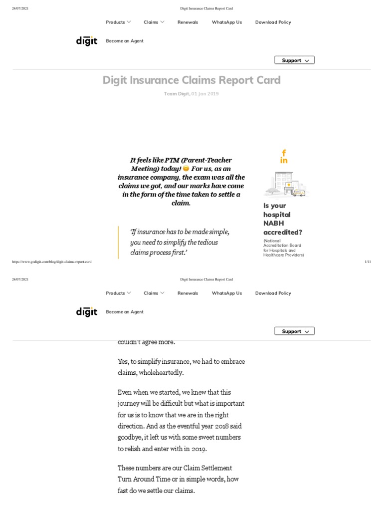 Digit Insurance Claims Report Card PDF Vehicle Insurance Insurance