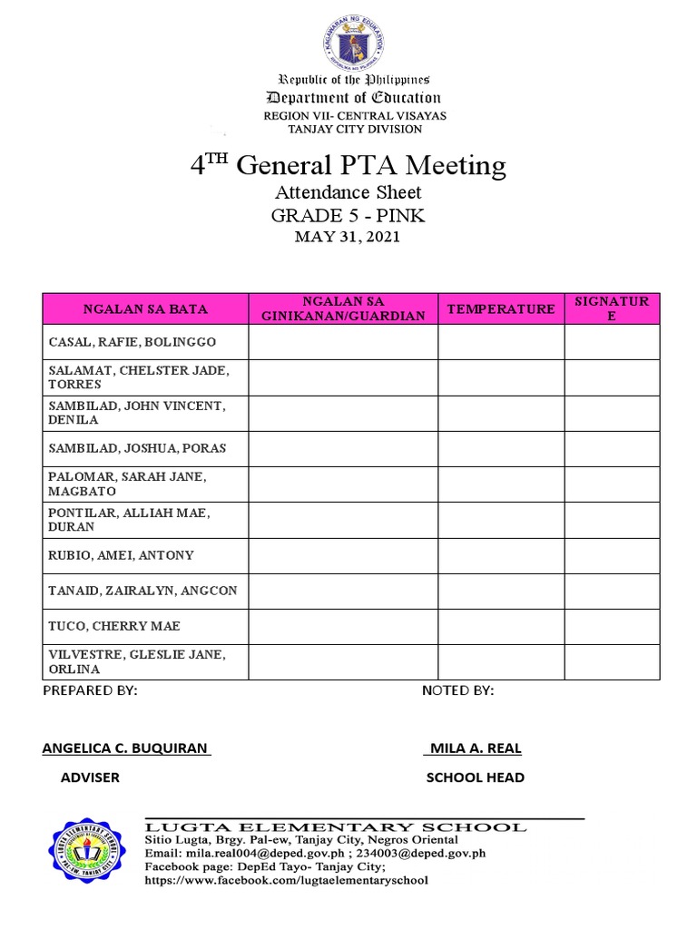 PTA Meeting Attendance Sheet | PDF