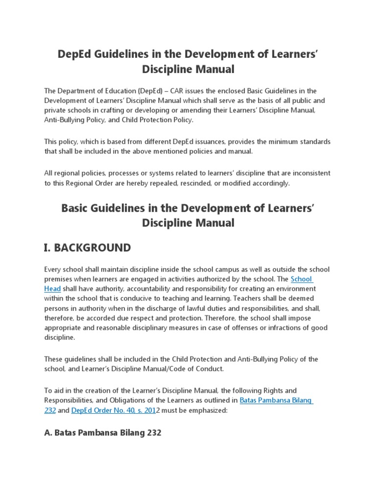 Deped Guidelines in The Development of Learners' Discipline Manual ...