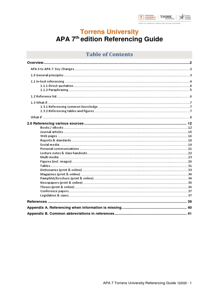 Apa 7 Edition Referencing Guide: Torrens University | PDF | Apa Style ...
