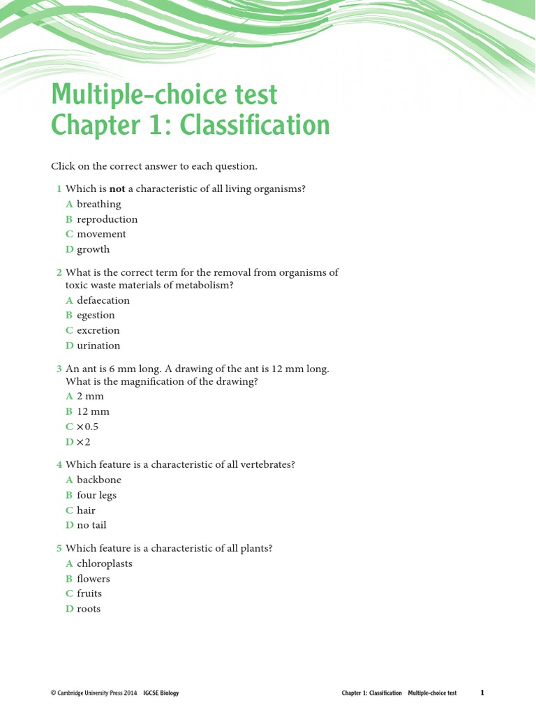 Multiple-Choice Test Chapter 1: Classification: 1 A B C D 2 A B C D 3 A ...