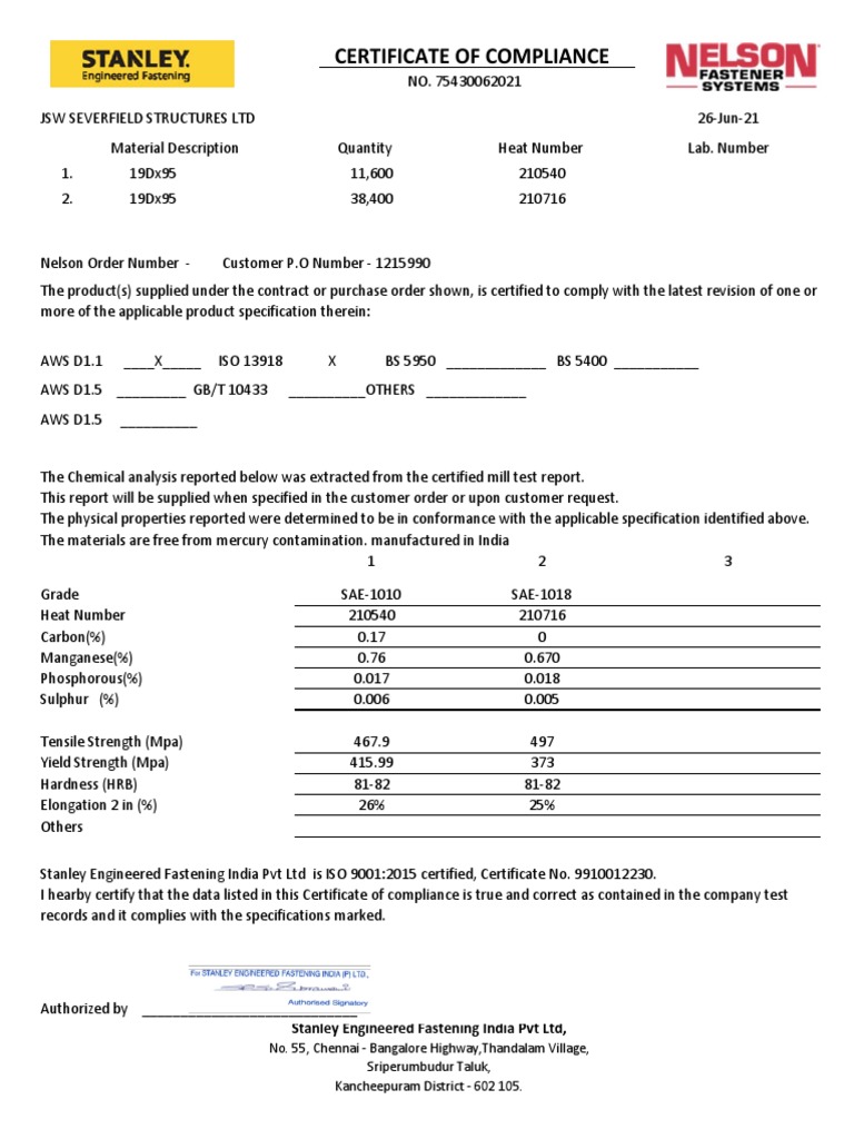 Compliance Certificate for Stanley Fastening | PDF | Specification ...