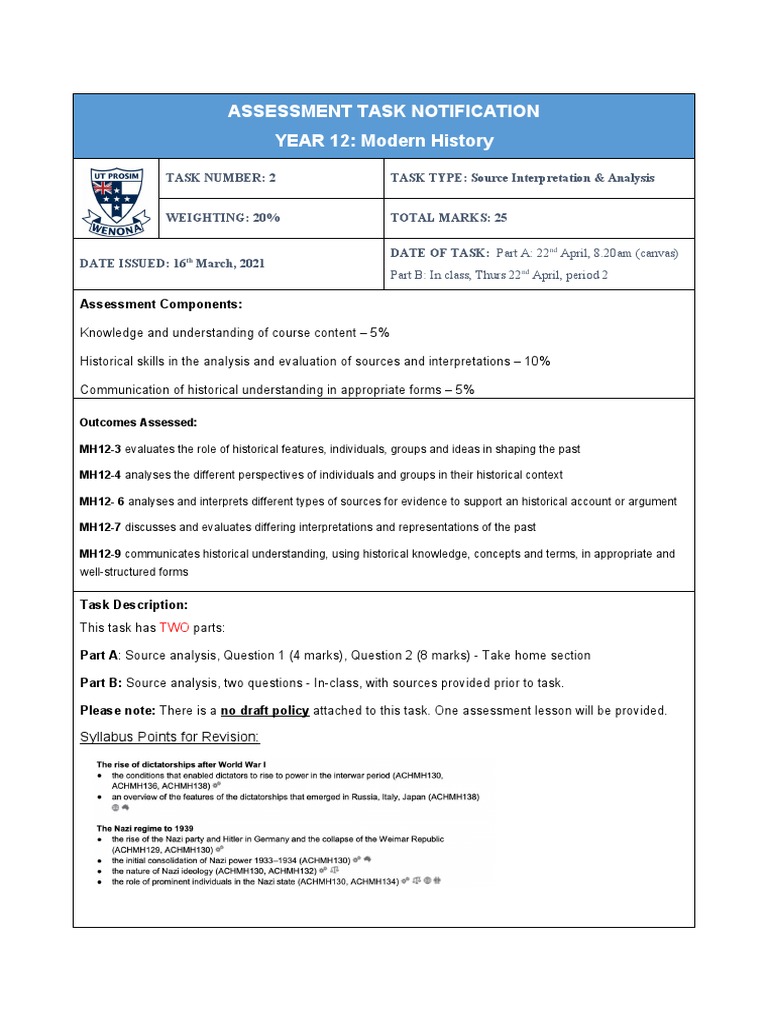 Year 12 Modern History Assessment Task | PDF | Nazi Germany | Analysis