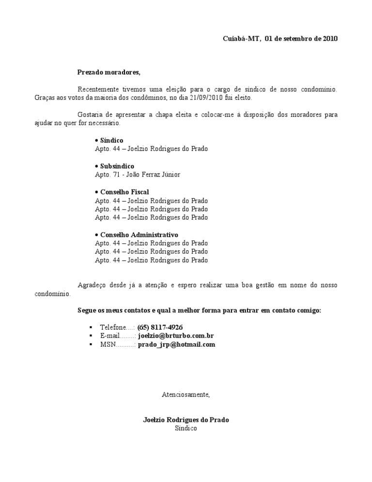 Carta de Apresentação Do Novo Síndico  PDF  Condomínio  Governo
