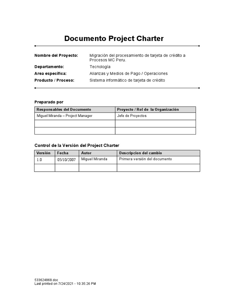 Acta de Constitucion Del Proyecto - (Project Charter) | PDF | Software ...