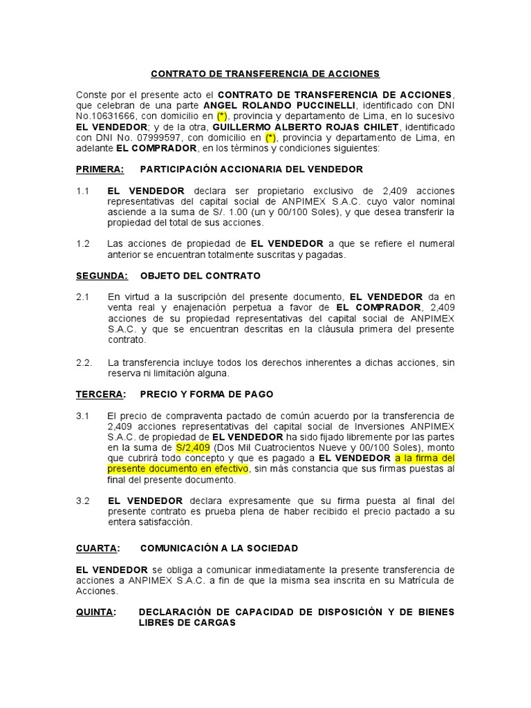 Contrato de Transferencia de Acciones | PDF | Derecho contractual |  Compartir (Finanzas)