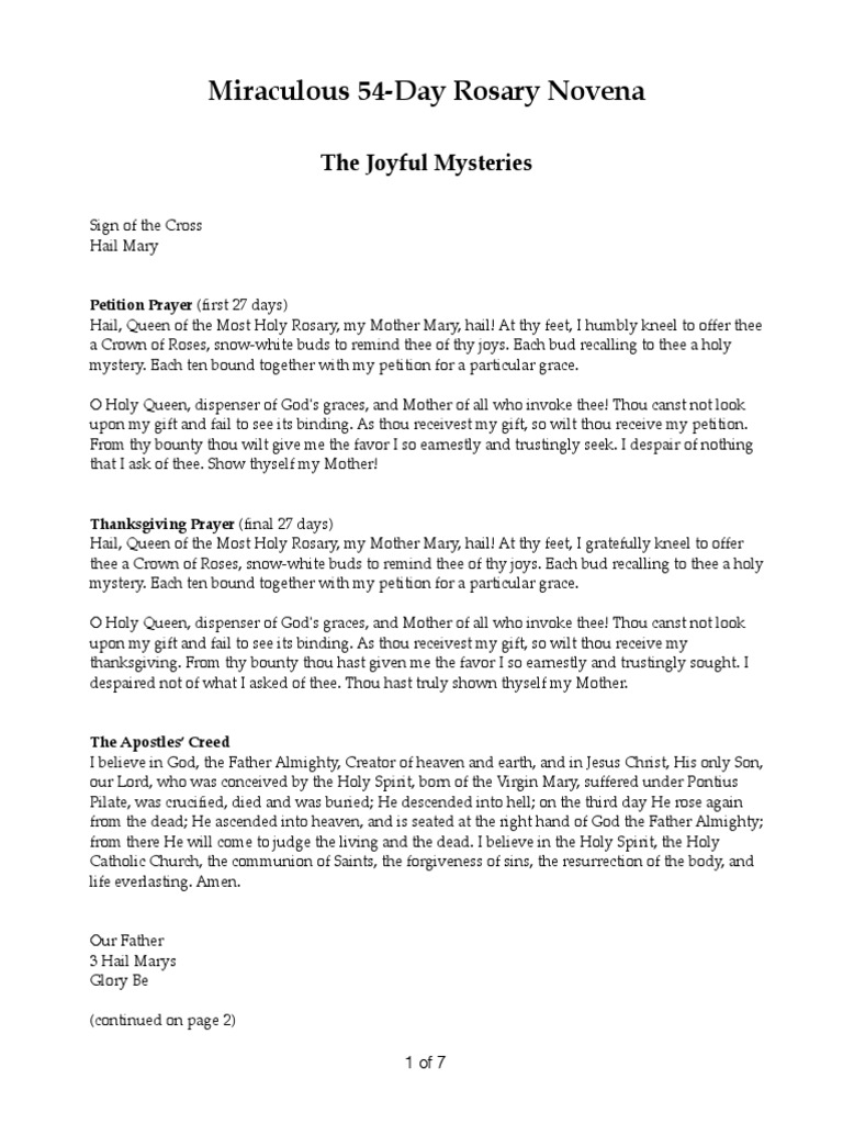 Miraculous 54 Day Rosary Novena The Joyful Mysteries Pdf Rosary
