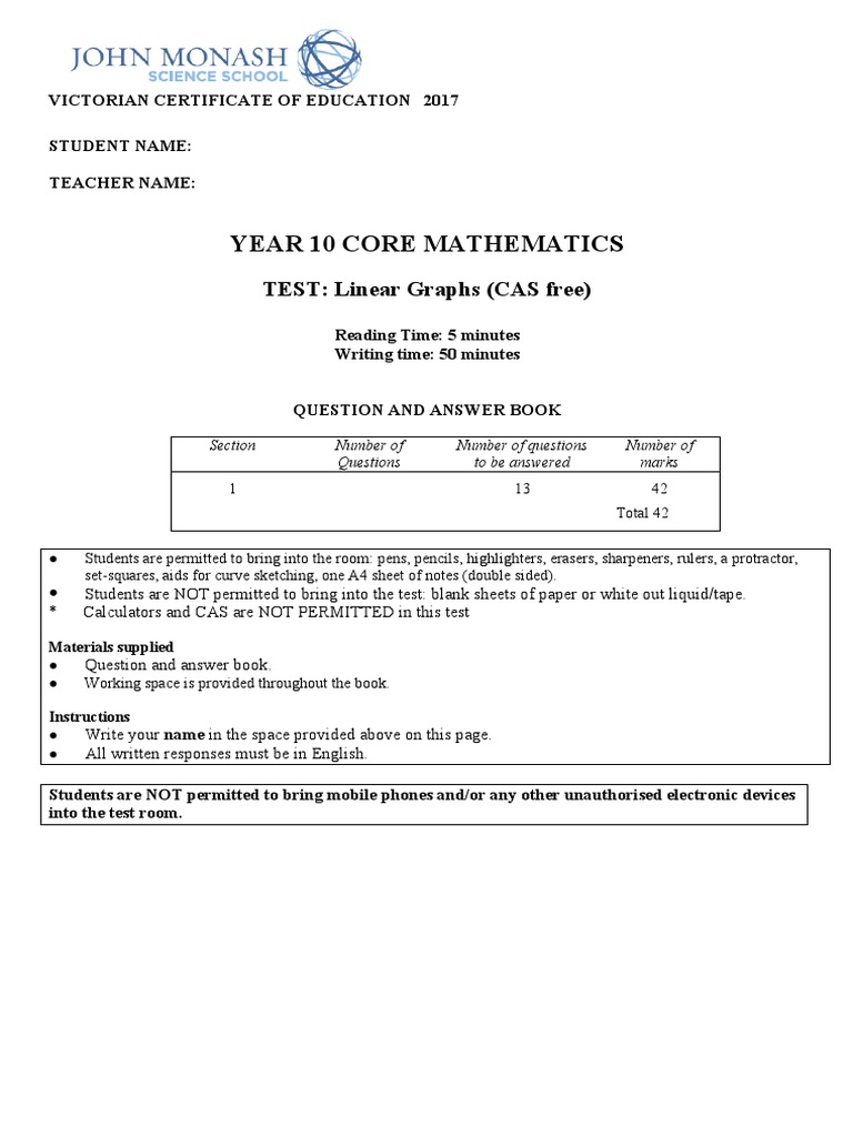 10MMAT - 17 - T01 - Linear Relations and Equations Test | PDF | Line ...