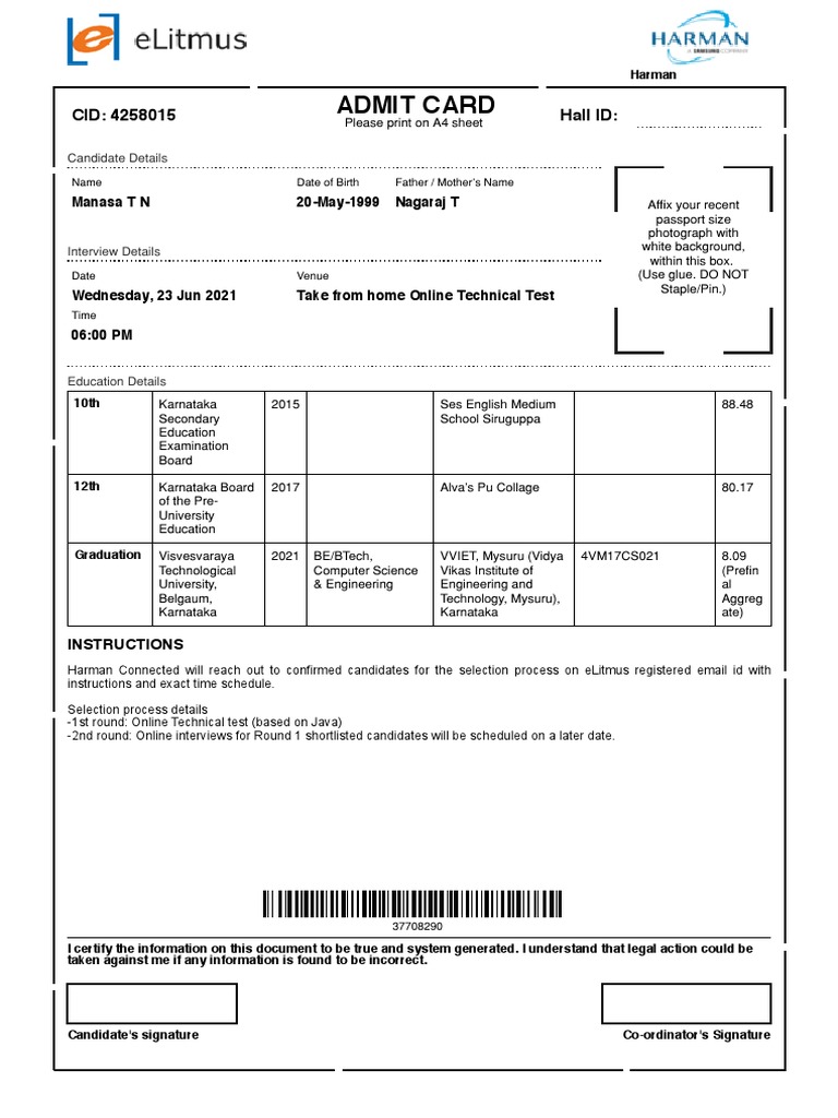 Elitmus Harman Admit Card 23jun2021 | PDF | Computing And Information ...
