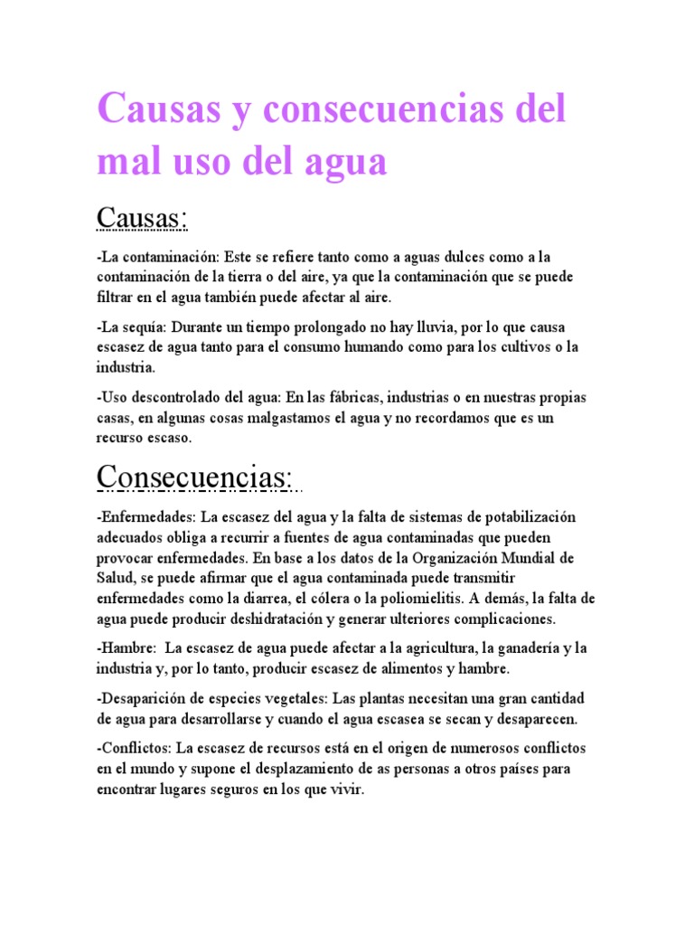 Causas y consecuencias del mal uso del agua | PDF