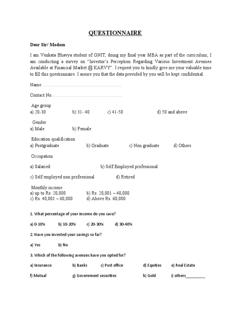 Questionnaire On Investor's Perception Regarding Various Investment