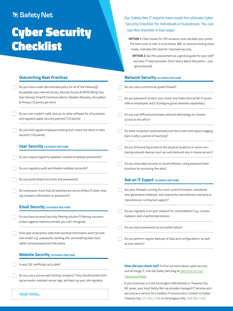 Cyber Security Checklist Overarching Best Practices Network Security