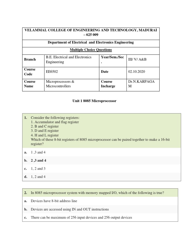 MCQ - 8085 Microprocessor - November 2020 With Answers | PDF | Computer ...
