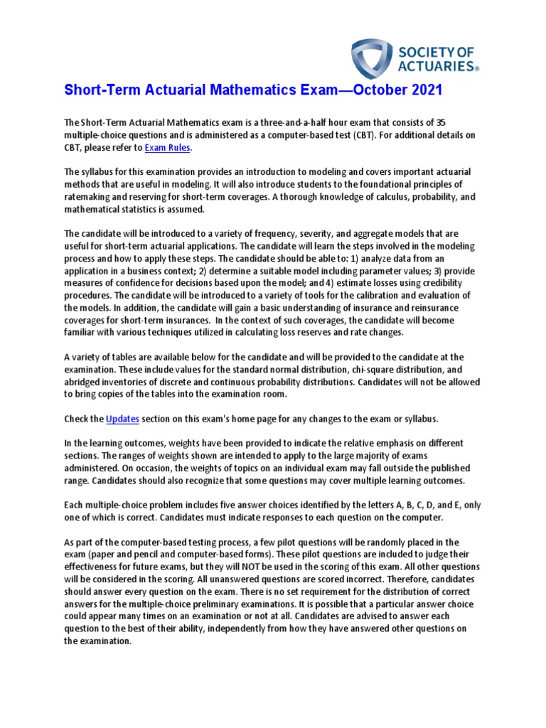 Short-Term Actuarial Mathematics Exam | PDF | Probability Distribution ...