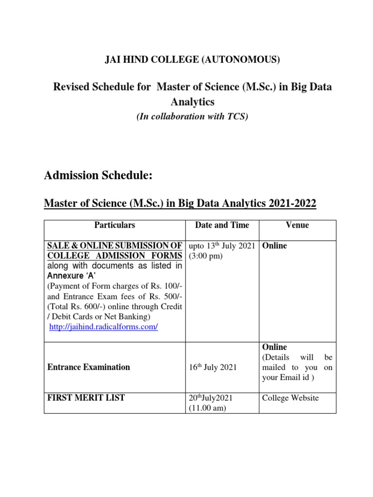 Msc big data analytics revision of admission dates 2021 pdf master