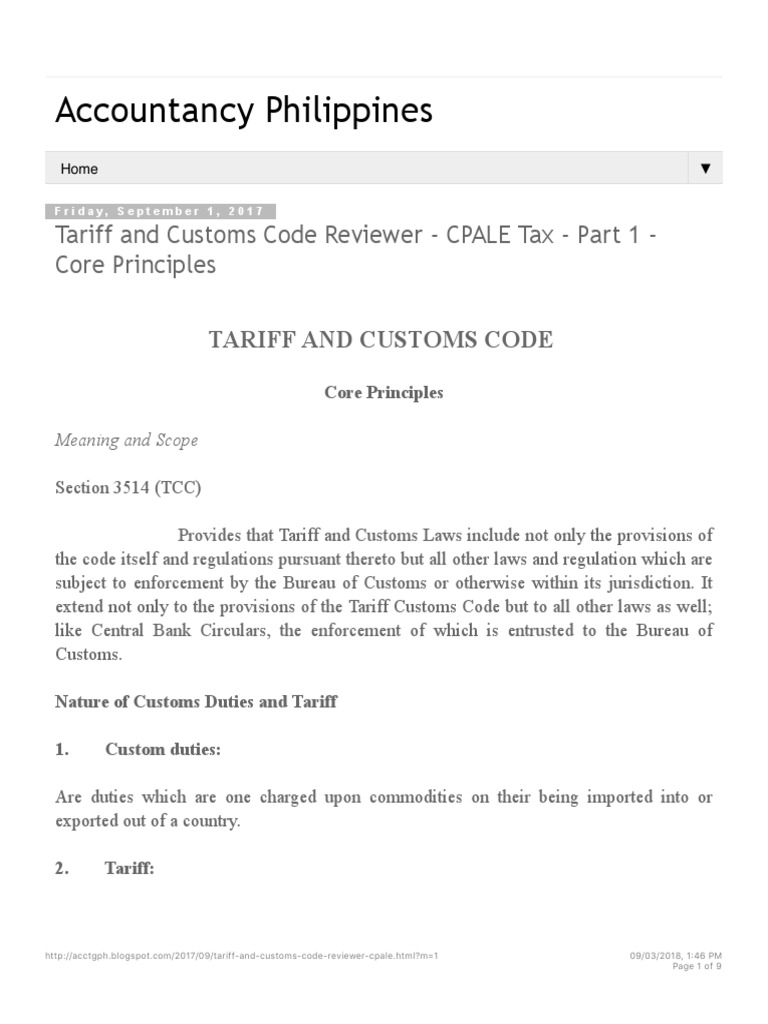 Accountancy Philippines Tariff and Customs Code Reviewer CPALE Tax Part 1 PDF Tariff
