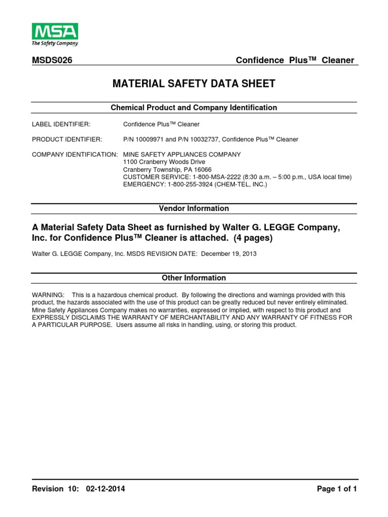 Material Safety Data Sheet MSDS026 Confidence Plus™ Cleaner PDF