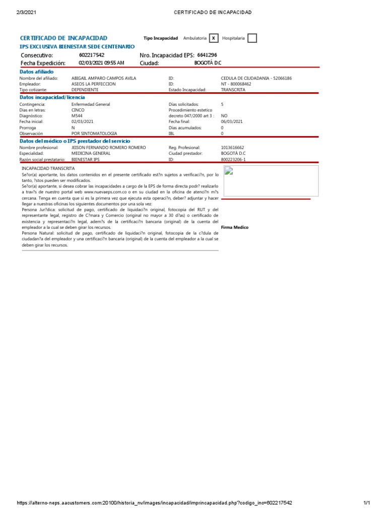 Certificado de Incapacidad 5 Días Bogotá | PDF | Cuidado de salud del ...