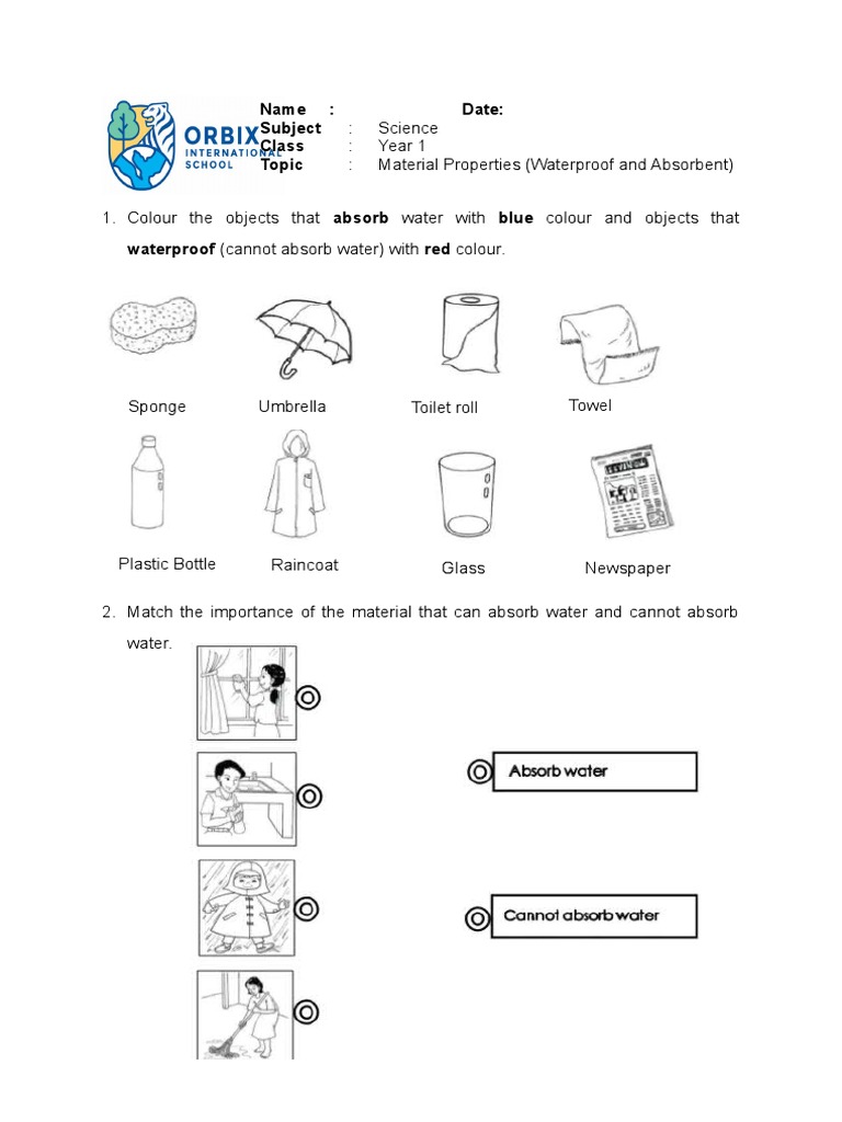 Absorbent vs Waterproof Materials Worksheet | PDF
