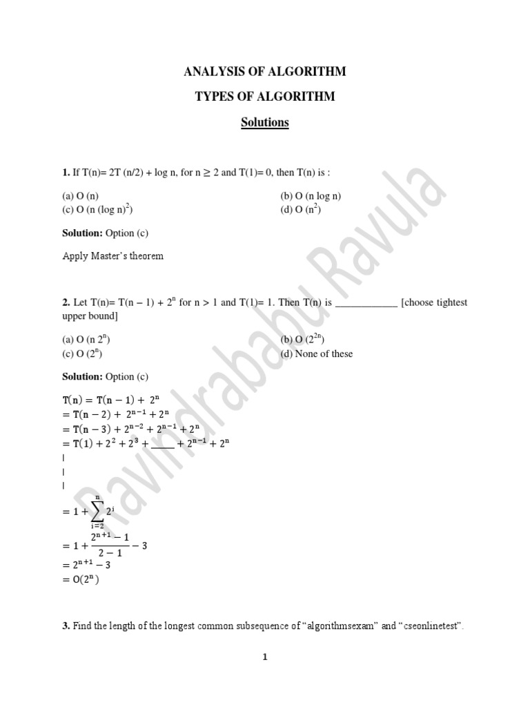Analysis of Algorithm Types of Algorithm Solutions: 1. If T (N) 2T (n/2 ...
