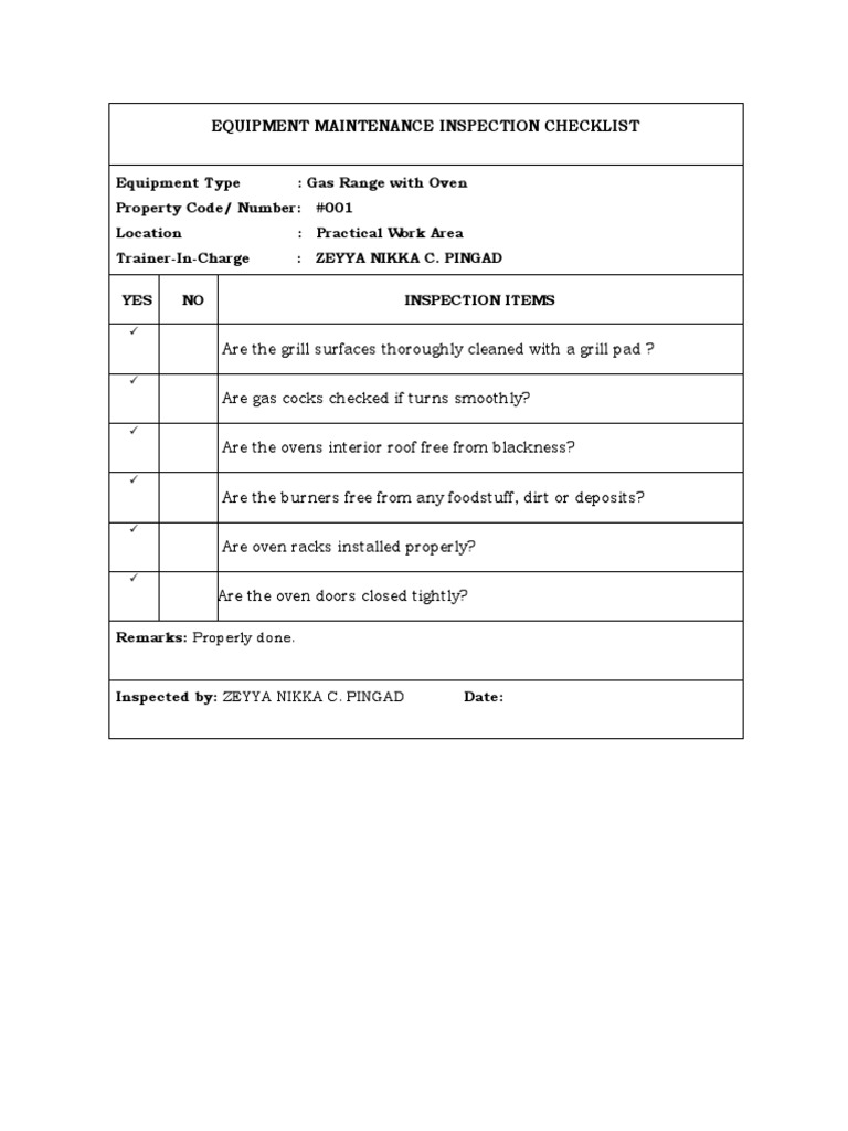 Kitchen Equipment Maintenance Checklist | PDF