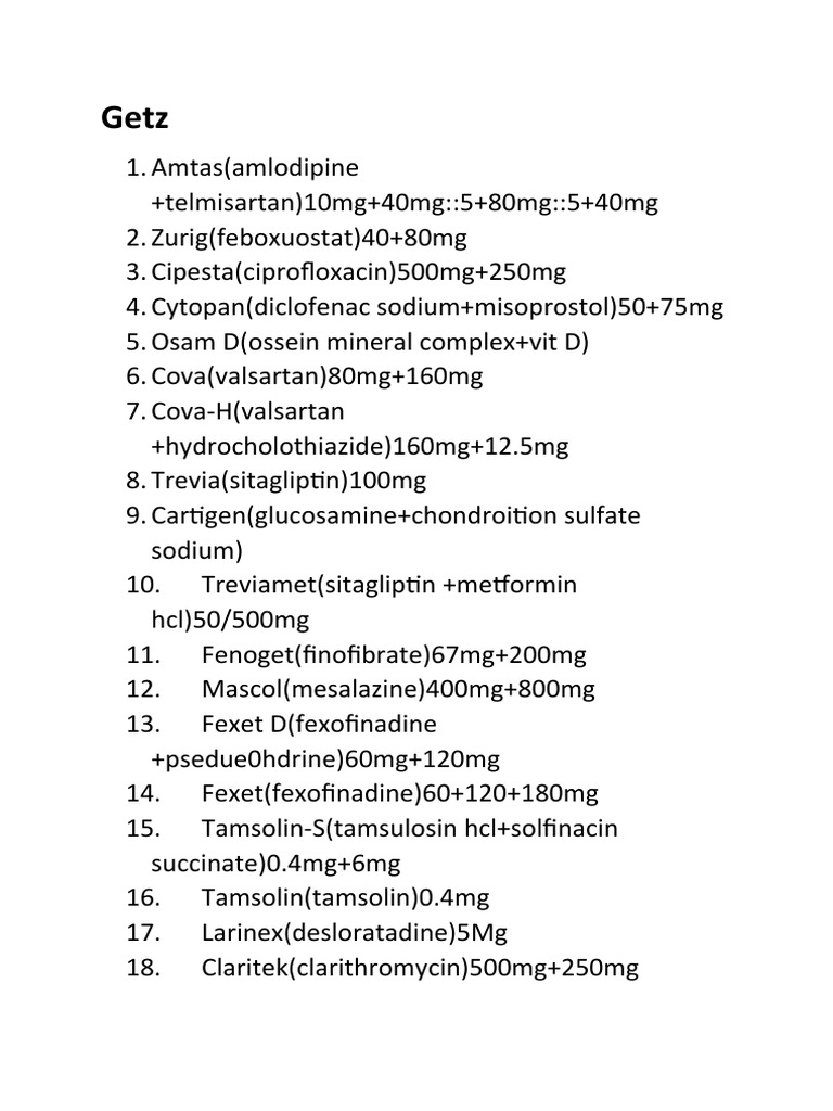 Getz Pharma Product List and Prices | PDF