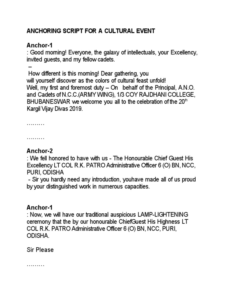 Anchoring Script For The Cultural Event On Kargil Day PDF The Arts