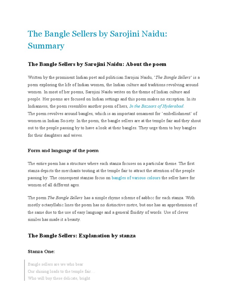 The Bangle Sellers by Sarojini Naidu About The Poem PDF Poetry