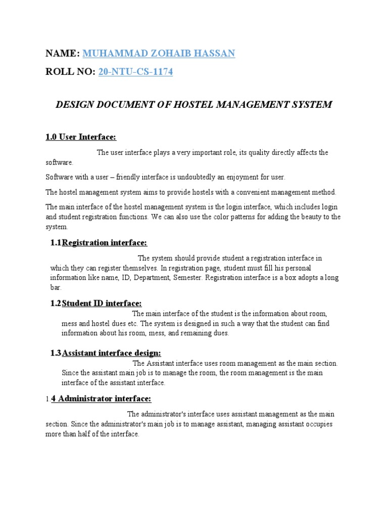 Design Document of Hostel Management System: Muhammad Zohaib Hassan 20 ...