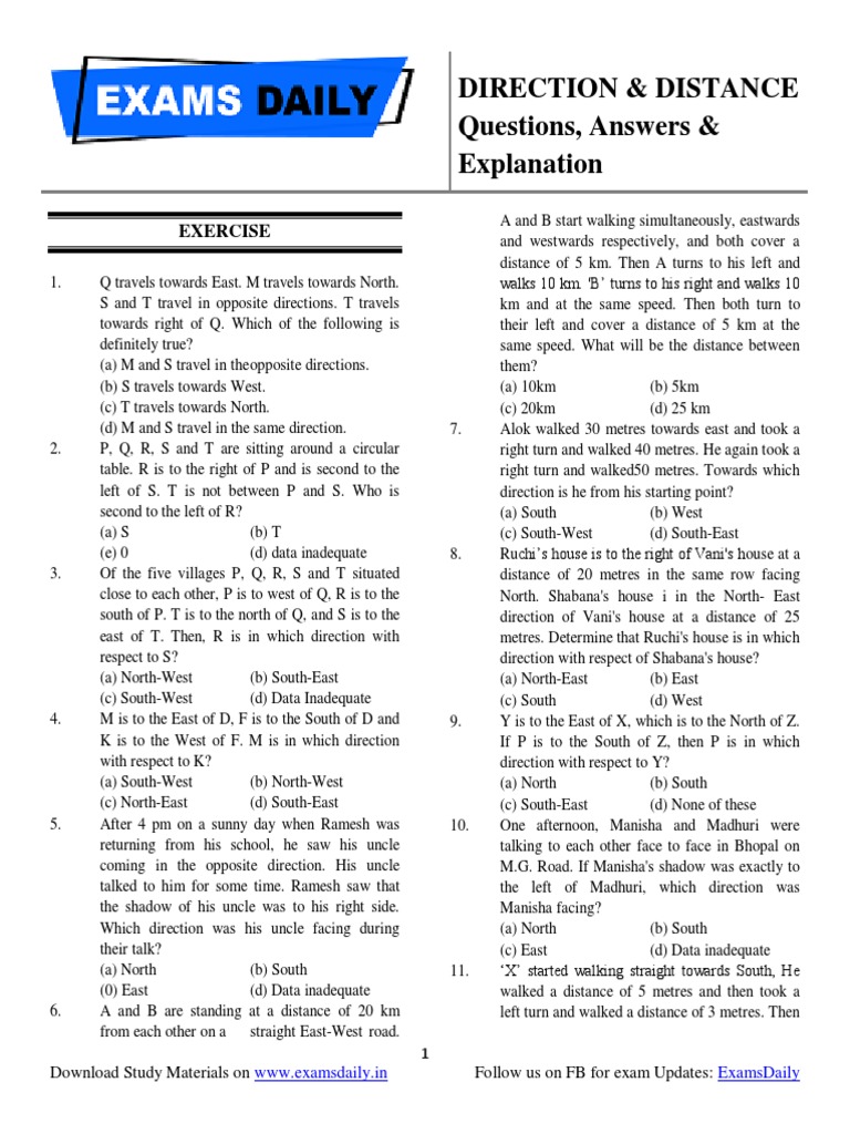 Direction & Distance Questions, Answers & Explanation: Exercise | PDF ...