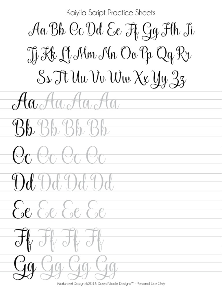 Kaiyila Script Practice Sheets: Worksheet Design ©2016 Dawn Nicole ...
