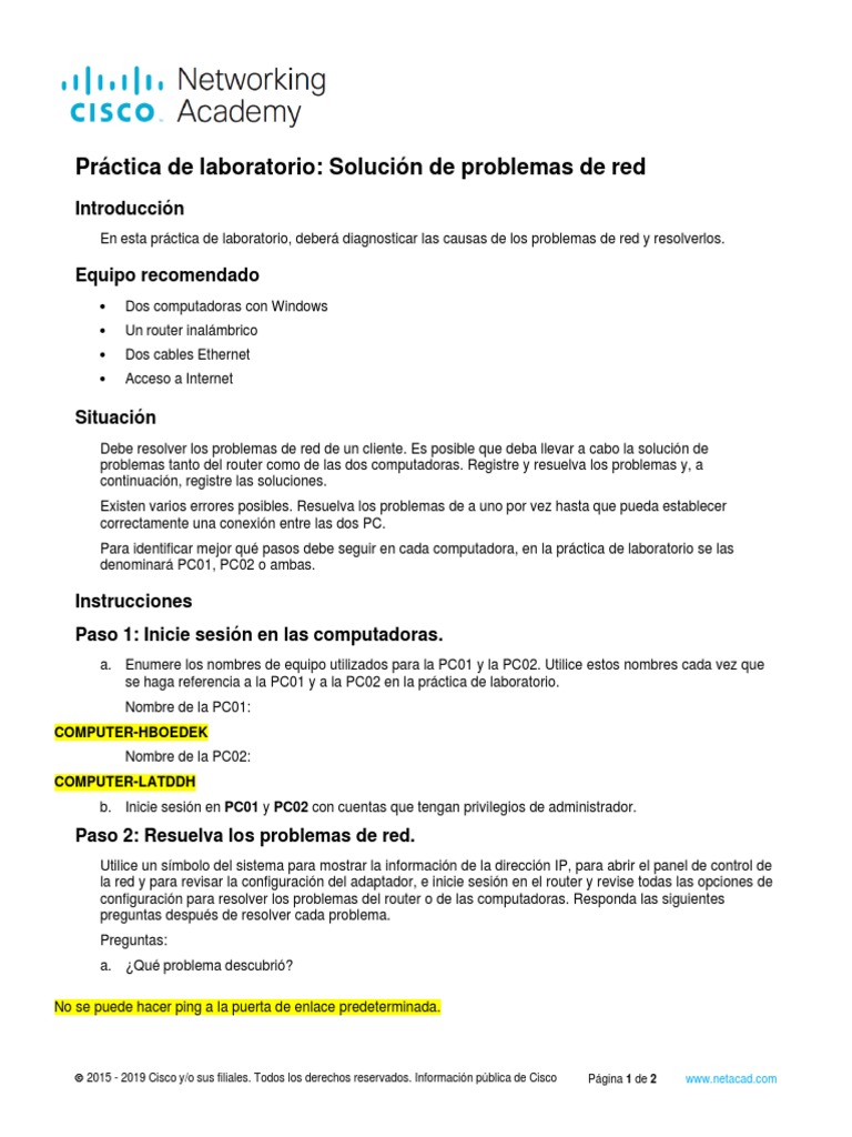 6.2.2.5 Lab - Troubleshoot Network Problems | PDF