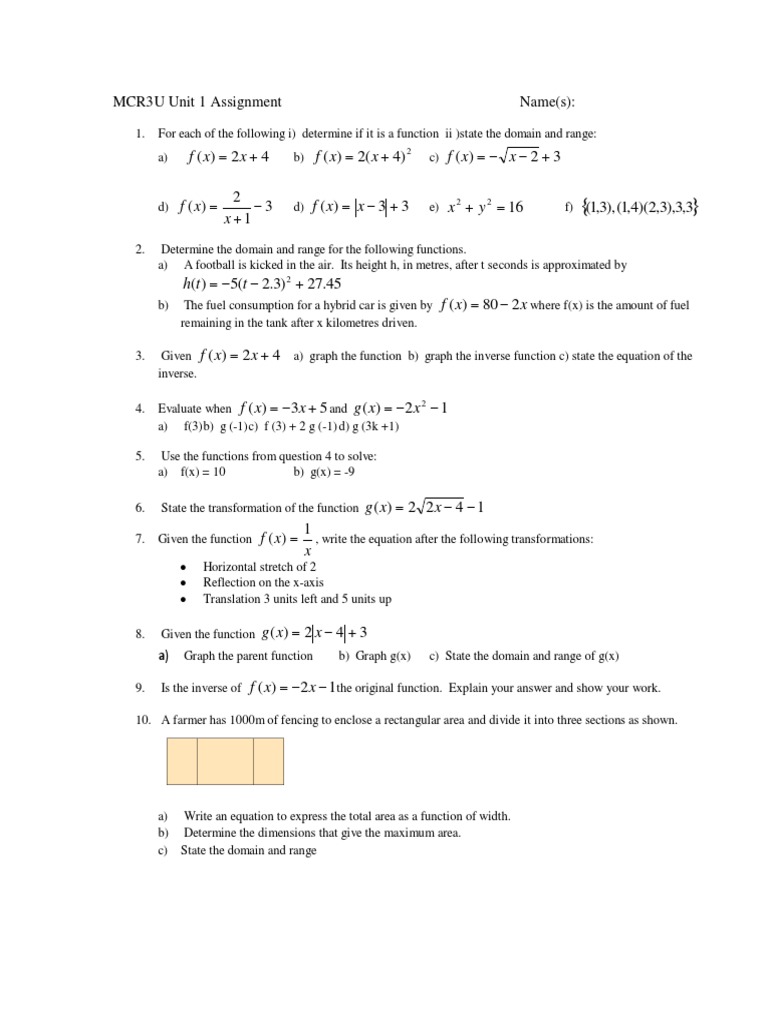 X X F X X F: MCR3U Unit 1 Assignment Name(s) | PDF | Function ...