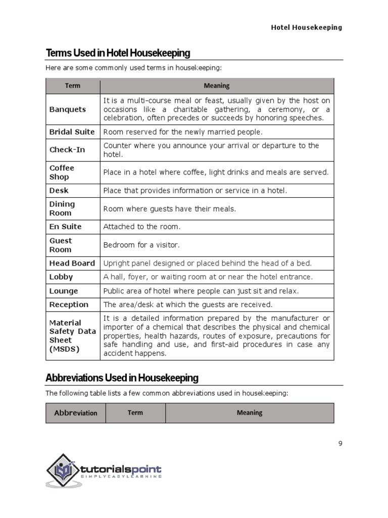 Hotel Housekeeping Terms and Abbrevations PDF Hospitality