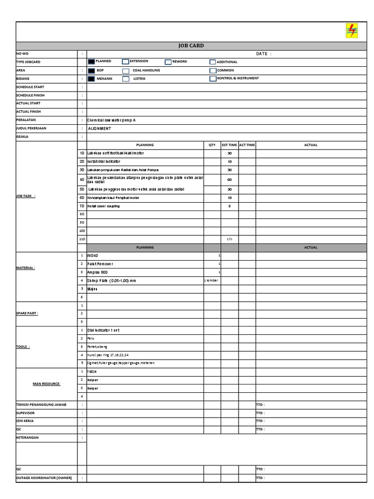 Kartu Pekerjaan Alignment Pompa | PDF