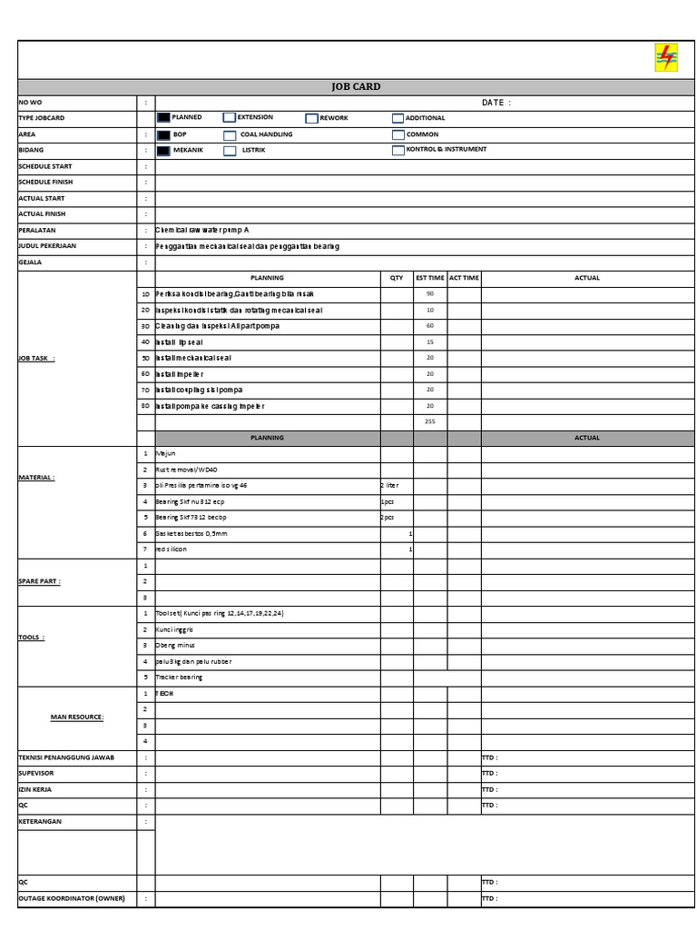 Job Card Check Impeller & Bearing Pompa | PDF | Mechanical Engineering ...