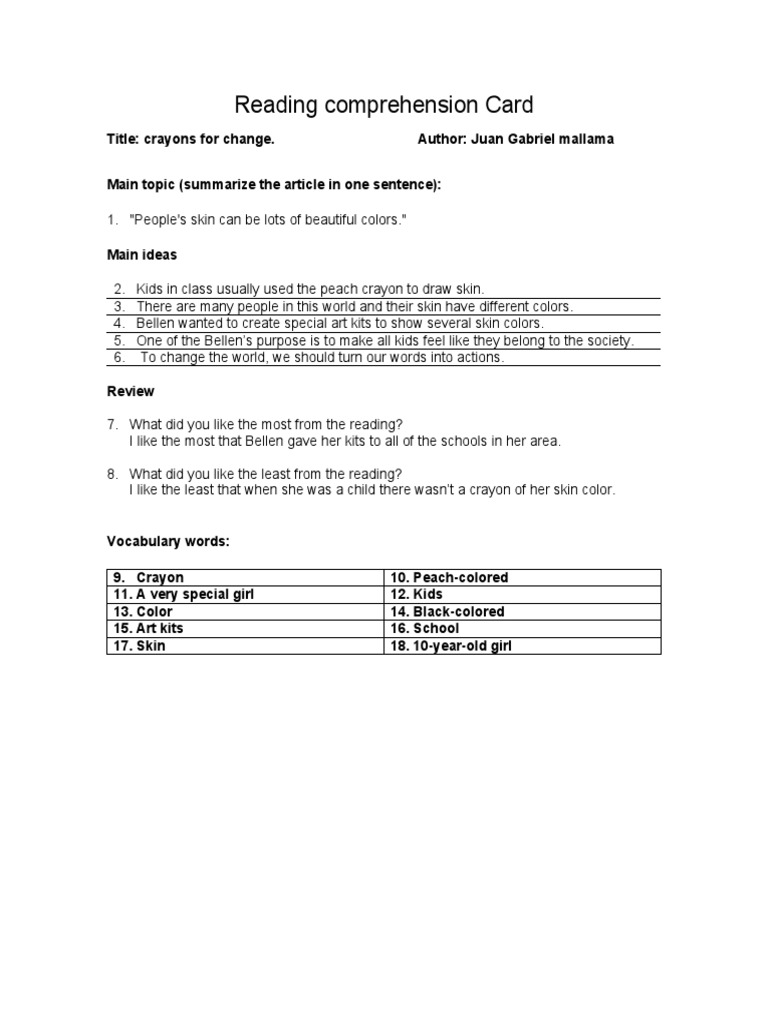 Reading Comprehension Cards | PDF | Art | General Fiction