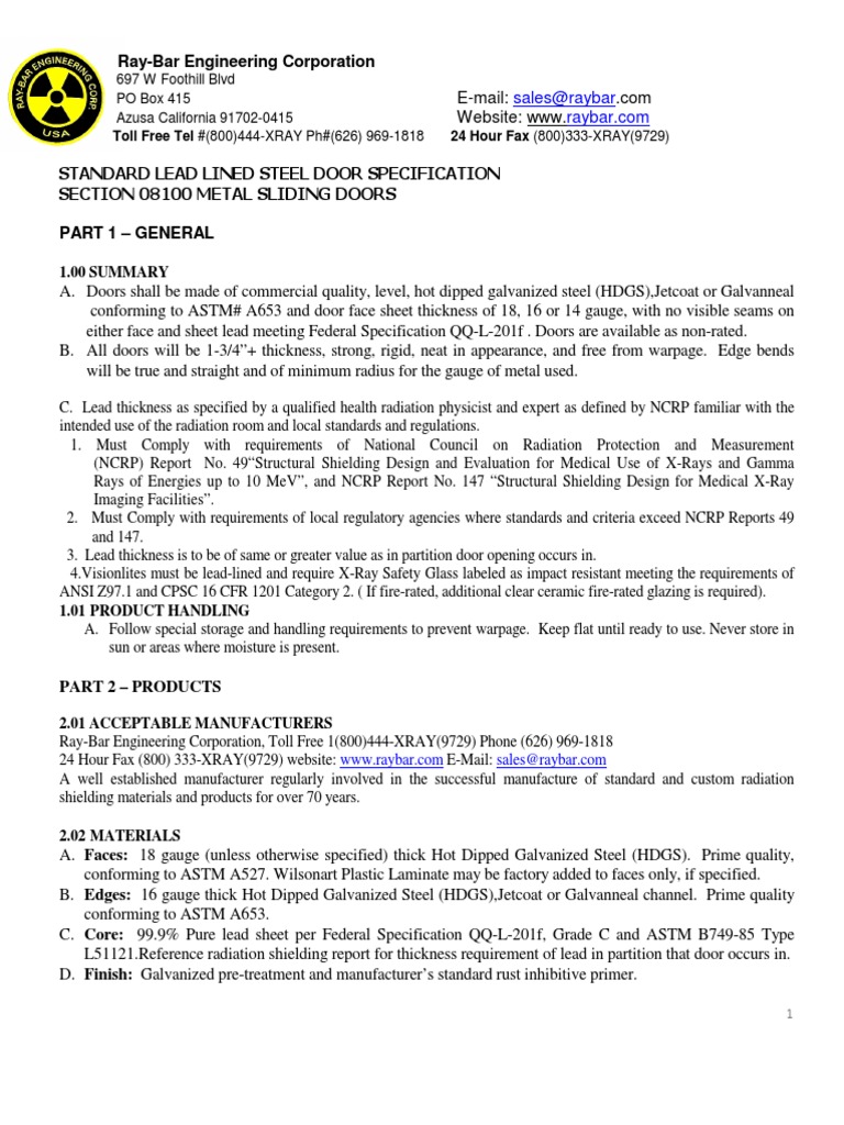 Lead Lined Steel Door Specifications | PDF | Sheet Metal | Radiation ...
