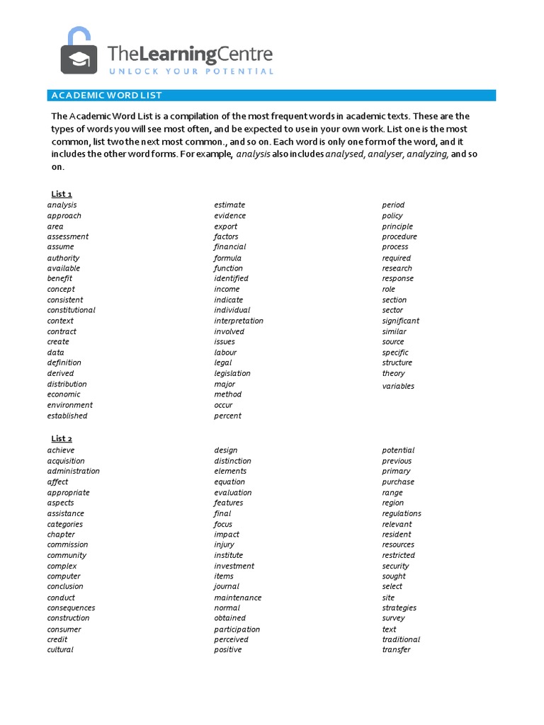 Academic Word List PDF Analysis Science