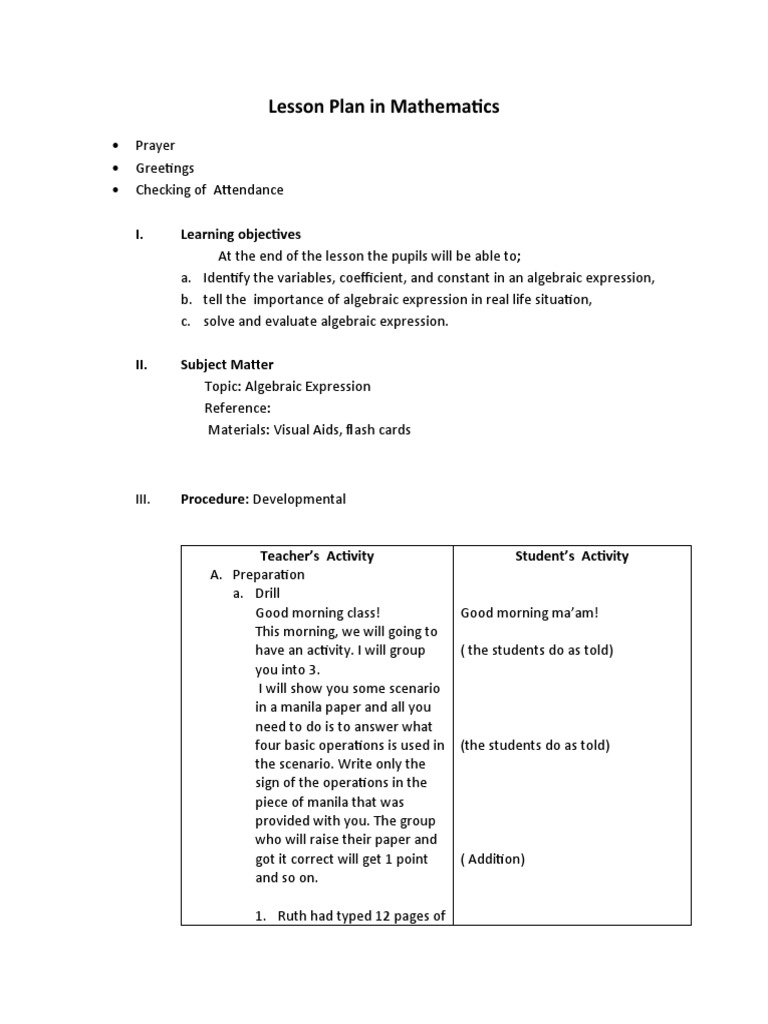 Algebraic Expressions Lesson Plan | PDF | Variable (Mathematics ...