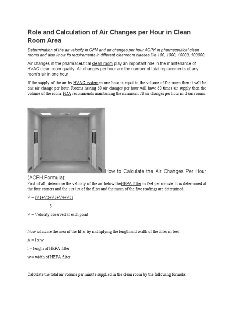 Role and Calculation of Air Changes Per Hour in Clean Room Area | PDF ...