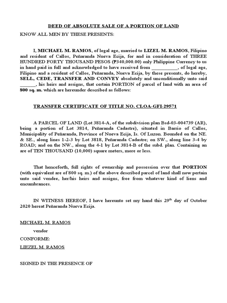Deed of Absolute Sale of A Portion of LandAlfie PDF Environmental