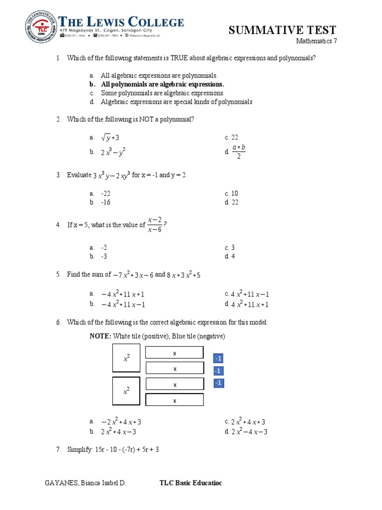 3rd Quarter Summative Test 2 G7 | PDF | Variable (Mathematics) | Polynomial